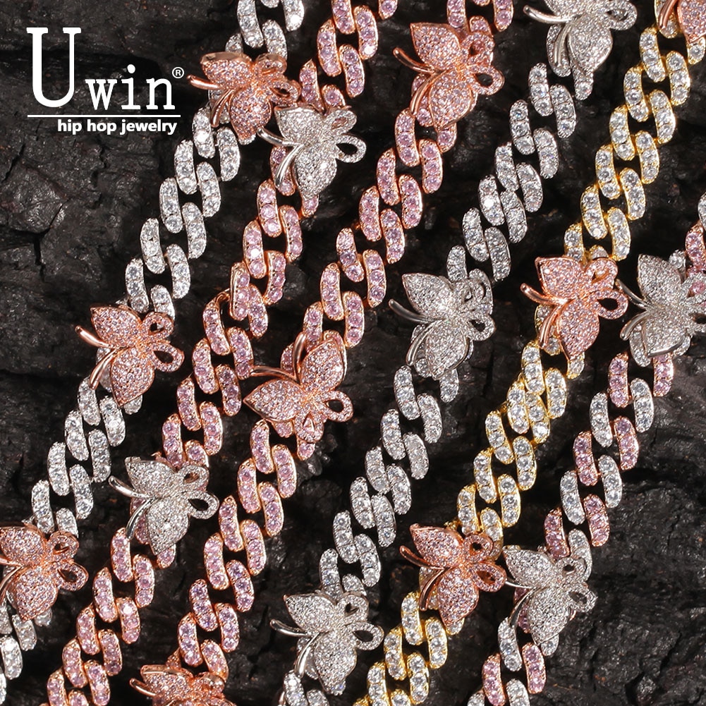 Uwin Mini Butterfly Cuban Link 9mm Pink choker Cz Punk Miami Link Bling Bling Hip Hop Jewelry For