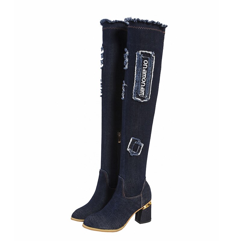 Womens Denim Boots Over The Knee Pointed Toe Thick High Heels Shoes Woman Casual Tassel Cut Out Jeans Long Botas Mujer: Navyblue / 38
