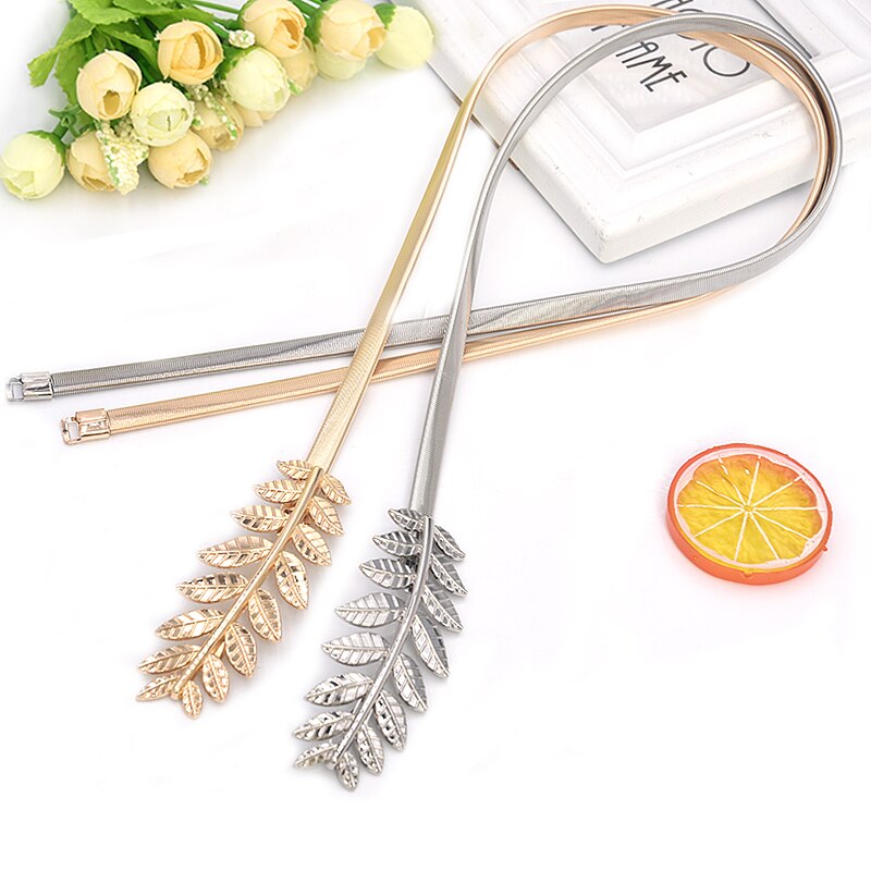Cinturón de hebilla de metal de hojas de flores para mujer, cinturón de cadena de cintura elástica para mujer, cinturón de mujer fino dorado pasek damski