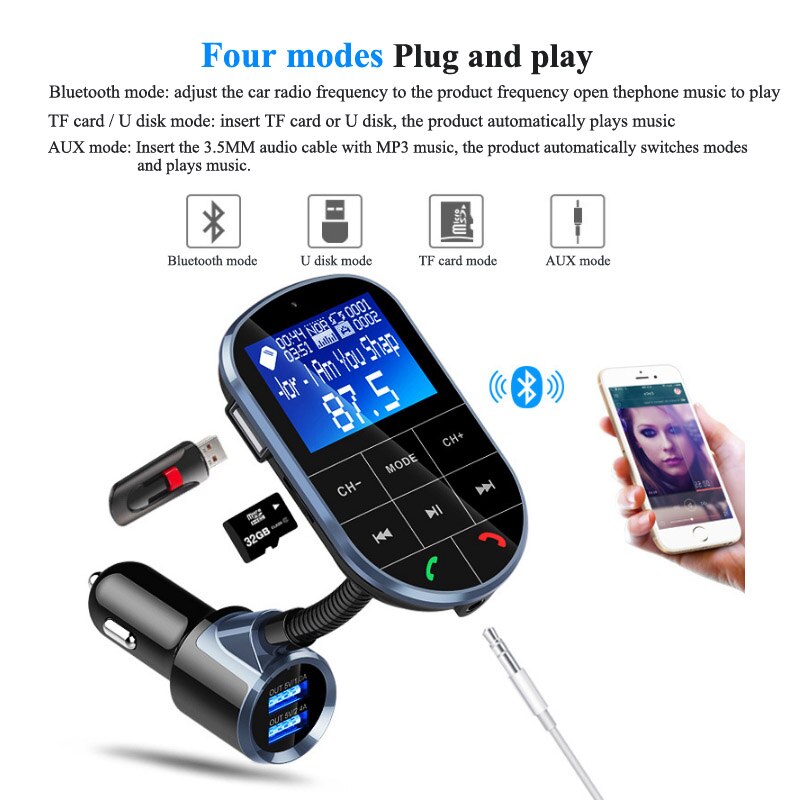 Handsfree Draadloze Bluetooth Fm-zender + Aux Modulator Carkit MP3 Speler Tf Sd Lcd Display Dual Usb Autolader