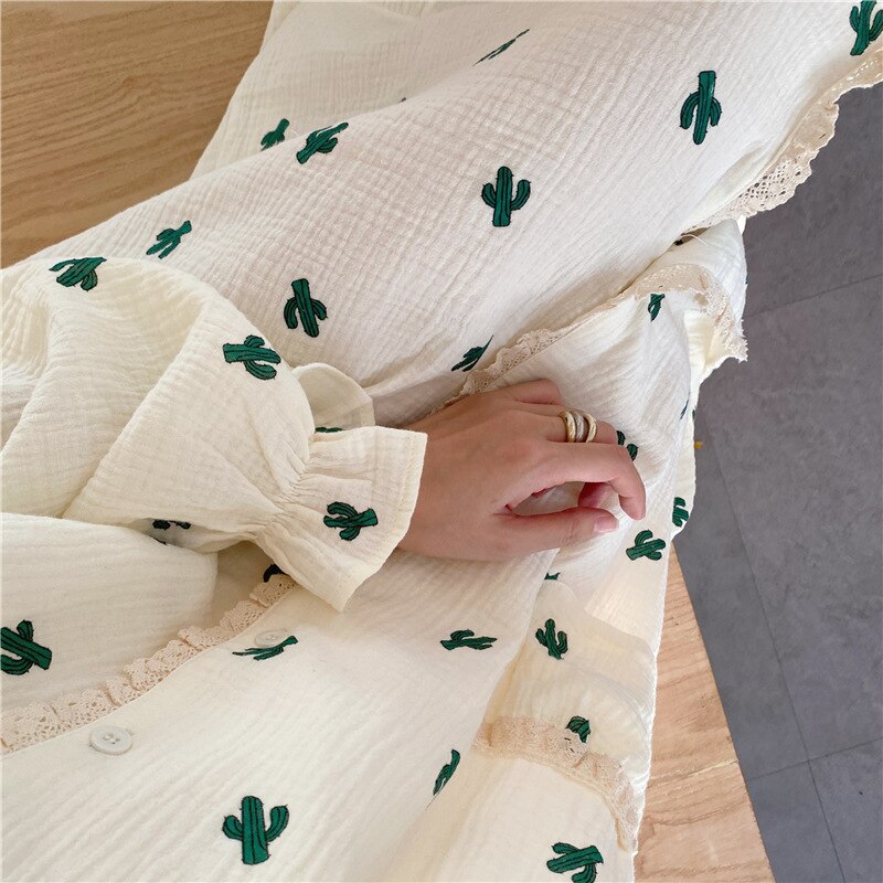 Women's Dress Sleepwear Cactus Pattern Long Sleeve Lace Home Wear Spring/Autumn Nightgown