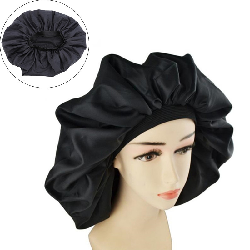 Vrouwen Big Size Beauty Print Satijn Zijde Motorkap Slaap Night Cap Head Cover Motorkap Hoed Voor Krullend Veerkrachtig Hair zwart