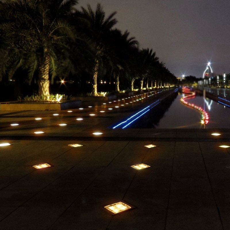 Lumière de jardin de pavé de brique de verre (1 unité), 4 Led, lumière solaire imperméable de roches carrées de glace pour la cour carrée extérieure de route de chemin, guerre