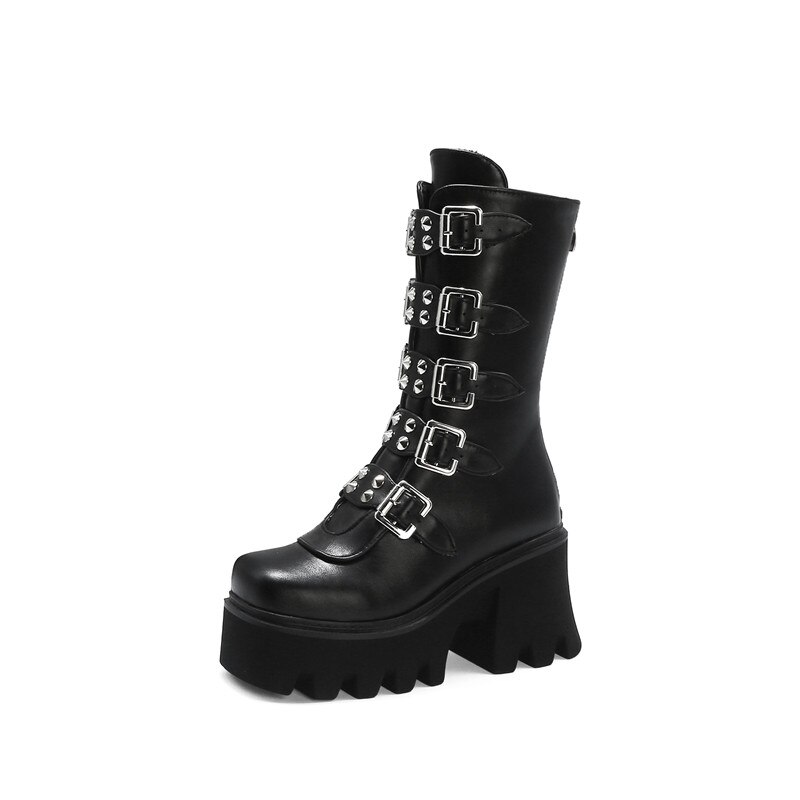 ASUMER nouvelle mi-mollet bottes femmes Style européen talon carré plate-forme bottes boucle populaire punk chaussures dames noir: 7