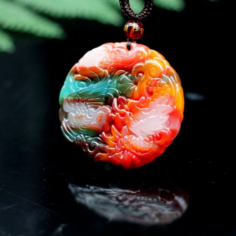 Natural Color Jade Dragon Phoenix Pendant Necklace Chinese Jewelry Hand-Carved Charm Amulet for Men Women Lovers