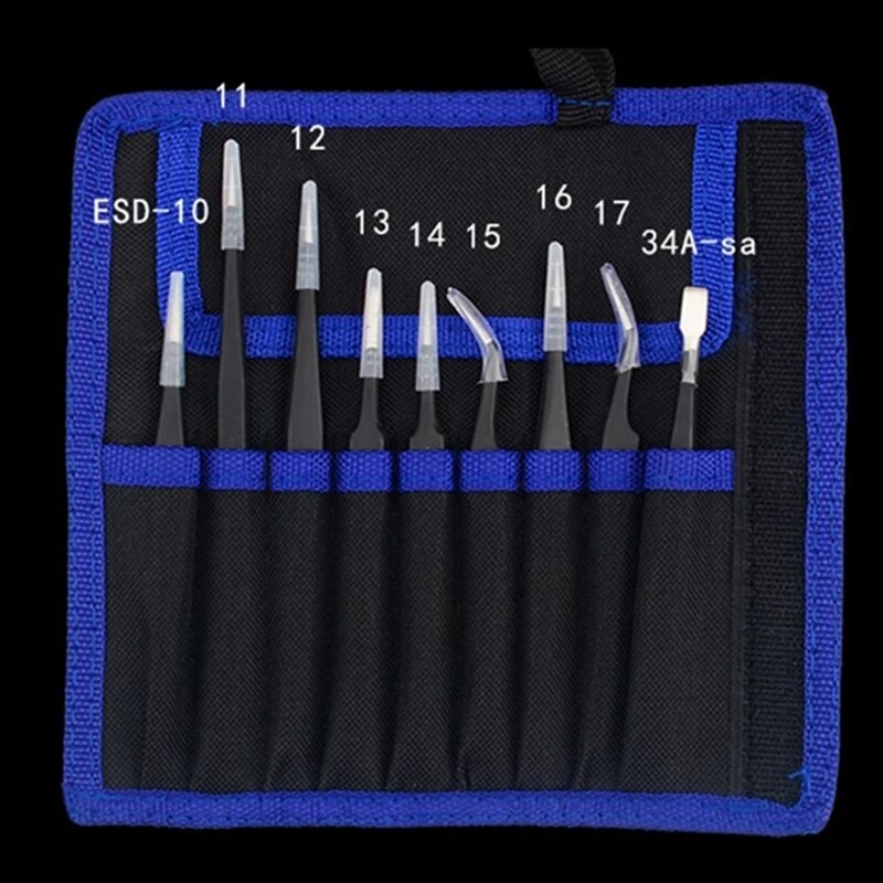 10Pcs ESD Stainless Tweezers Tool Set High Precision Tip Curved Straight Antistatic Tweezer Nipper Repair Tool