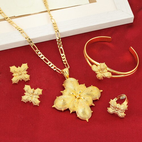 Ethiopische Sets Sieraden Etnische Bridal Wedding Vrouwen Sieraden Set: Goud-kleur