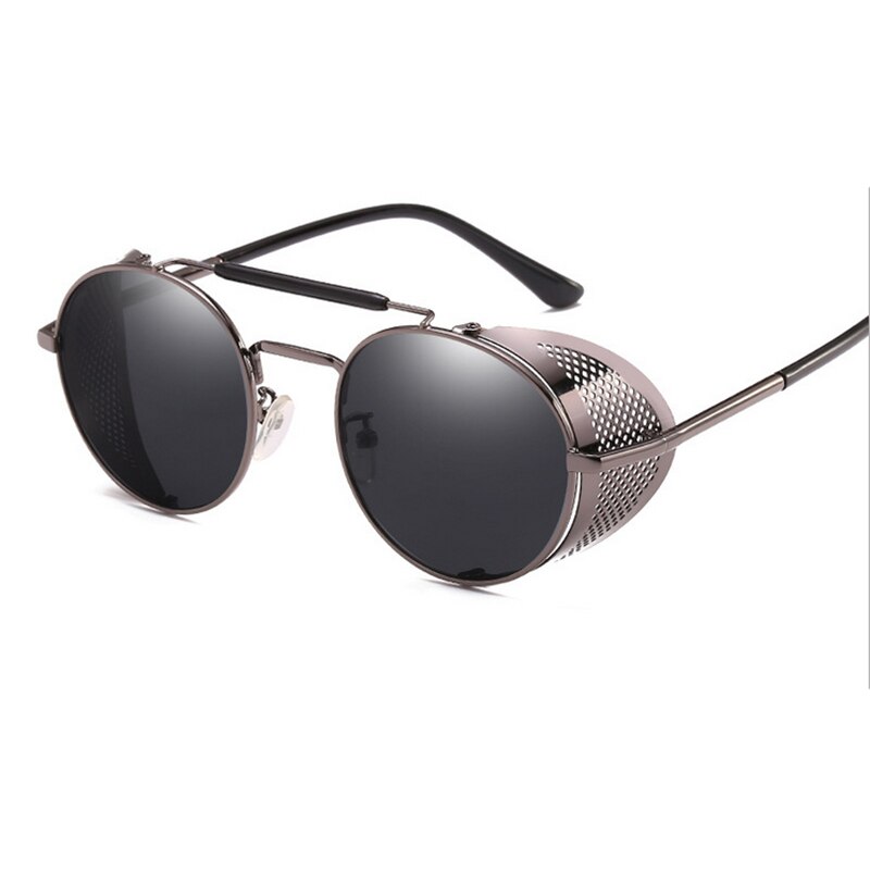 Retro Round Steampunk Sunglasses Men Women Side Shield Goggles Metal Frame Gothic Mirror Lens Sun Glasses: GUN BLACK