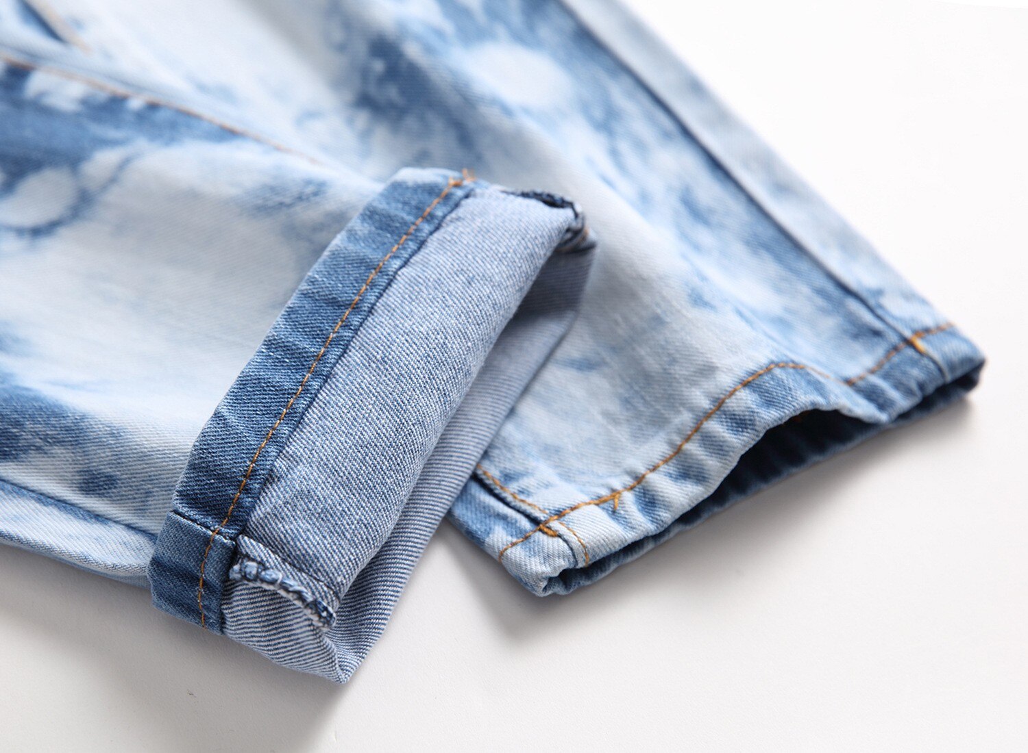 2021high street jeans rasgado masculino casual fino ajuste denim calças ponto branqueamento reta estiramento jeans azul claro