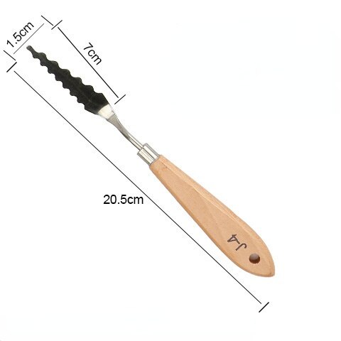 Raspador de arte de forma especial de cerámica de acero inoxidable, cuchillo de paleta de pintura acrílica con mango de madera, herramienta de cerámica con textura de pintura al óleo: J-4