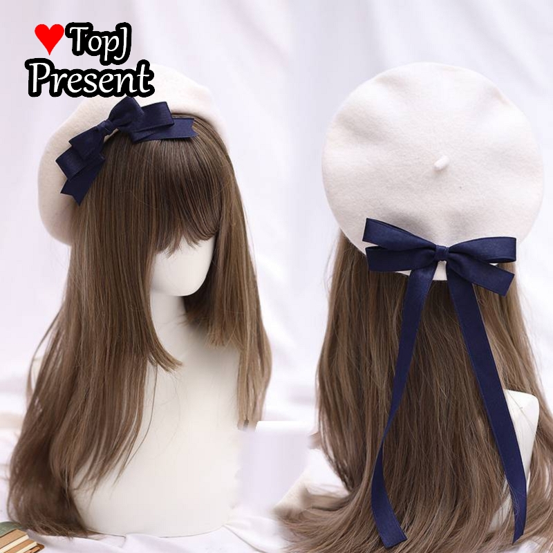Boina japonesa de cinta Lolita, gorra de pintor desmontable multicolor, con lazo, hecha a mano: White and dark blue