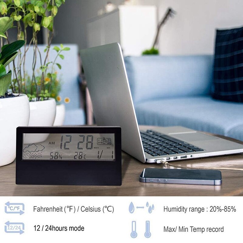 Alarm Clock with Transparent LCD Battery Operated Weather Alarm Clock Digital Clock Date Weather Temperature