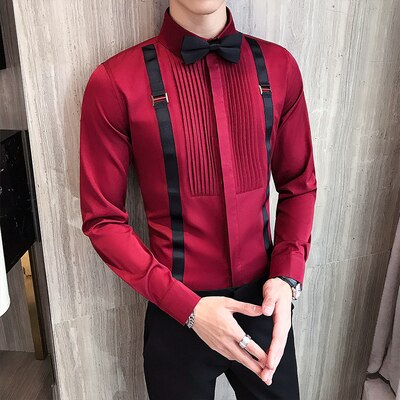 Camisa de esmoquin para hombre, camisa con lazo en el pecho plisado con correa, manga larga, vestido de ajustado, blusa negra: Rojo / Asian 4XL 77-85KG