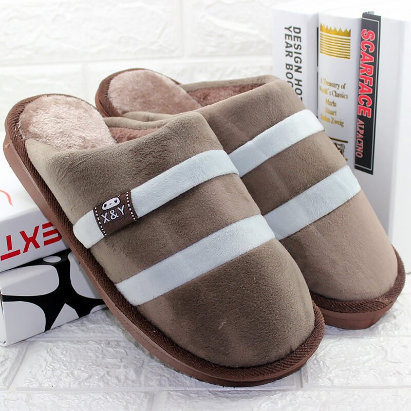 Large size 10.5-14 men's slippers plush striped soft house slippers man warm non-slip footwear man: Gray / 13.5