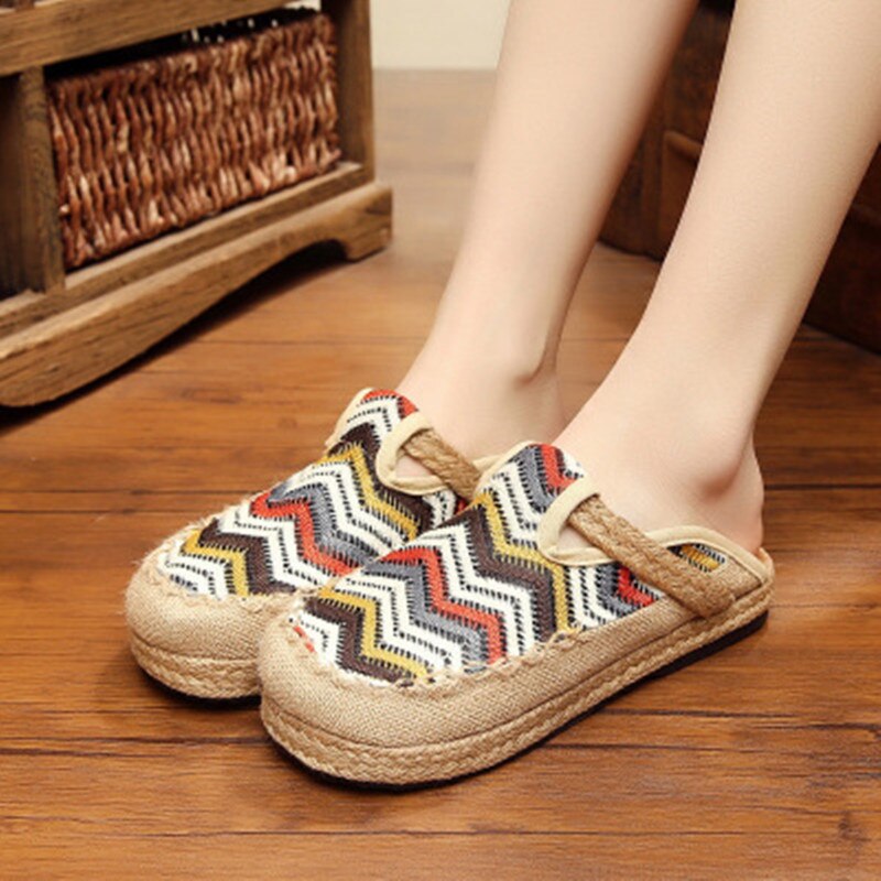 Kvinnor skor tofflor färgglad nationell stil hampa väv vår sommar rund tå flip flop platt plattform loafer: N5002 vitgrå / 5