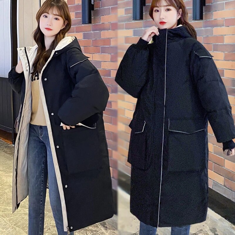 #39 vinterjakker x-lang vinterfrakk for kvinner hette korea-stil tykk solid stor lomme, løse parkas dame: Svart / Xl