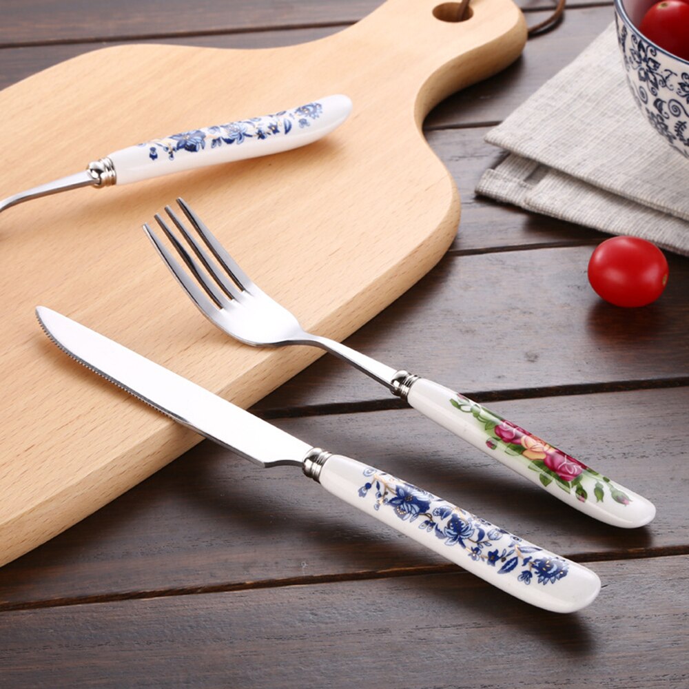 Korean Stainless Steel Metal Ceramic Handle Tableware Spoon Chopsticks Fork Dinner Knife Free Combination Cutlery Set