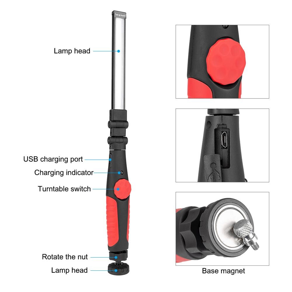 Portable UV Work Lamp USB Rechargeable UV Sterilizer Light UVC Bactericidal Lamp 360 Rototary Magnetic COB Bulb