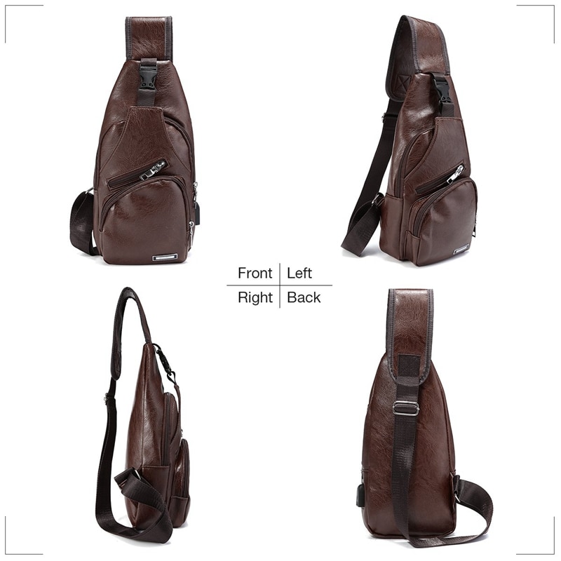 Sac de poitrine pour homme avec Port de Charge sac USB rétro bandoulière en cuir Pu Vintage sac d'affaires pochette pour Sport marron foncé