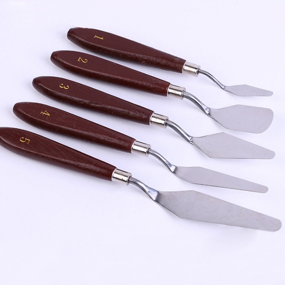 5pcs Artist Wooden Handle Tools Oil Painting Spatula Mixing Scraper Paint Palette Stainless Steel