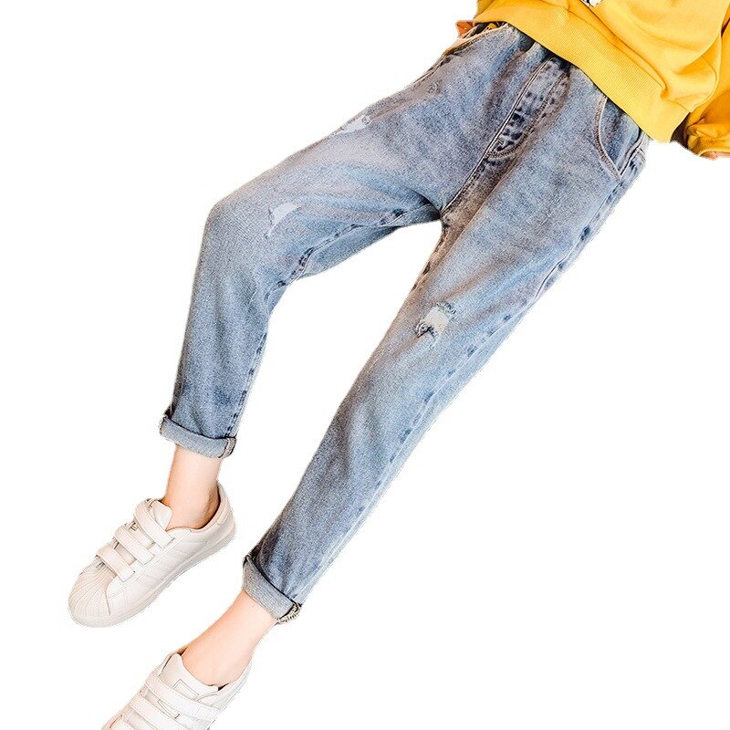 Girls Ripped Jeans Spring Autumn Girls Jeans for Kid Trousers Children Leggings Print Loose Denim Pants