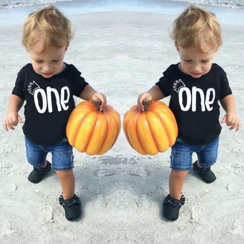 Solid Baby Summer Black ONE Print Short Sleeve Shirt Baby Child Shirt Top Cotton 1PCS