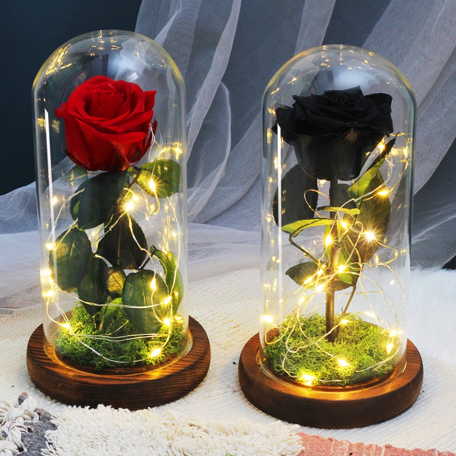 Torkade blommor konserverade rosor i glasskåpa med nattljus ornament bröllop alla hjärtans dag jul år heminredning