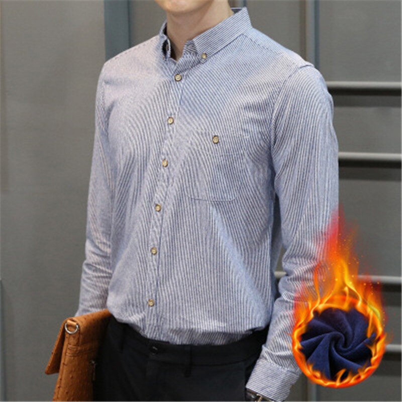 Men's Dress Shirts Spring Stripe Shirts Male 100% Cotton Shirts Full Sleeve Plus velvet to keep warm Recreational shirts
