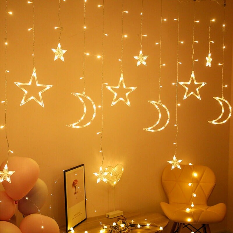 Guirnalda de luces LED con forma de luna y estrella para Navidad, cortina de luces de hadas para el hogar, de año , decoración de vacaciones y bodas, 3,5 M
