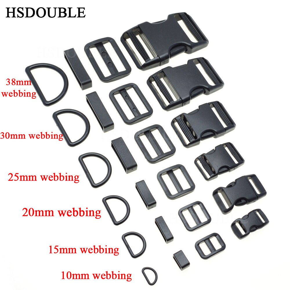 1 set 10mm 15mm 20mm 25mm 30mm 38mm Plastic Slider Adjustable D Rings Belt Loop Curved Side Release Buckles For Paracord