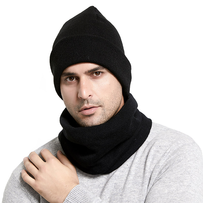 Vinter strikkede hatte tørklæde sæt tykne plus fløjl unisex varme beanies bløde mænd kvinder bomuld solid tørklæde hat kit: Sort