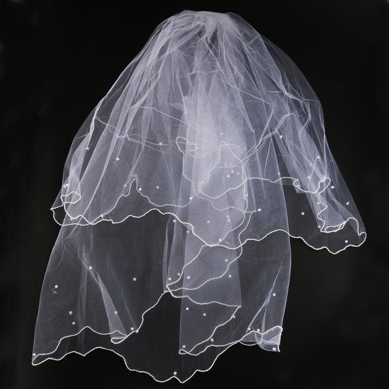 Velo de boda de 80CM de largo, doble capa con cuentas de perlas para boda, Mantilla nupcial con peine para novia, accesorios de boda