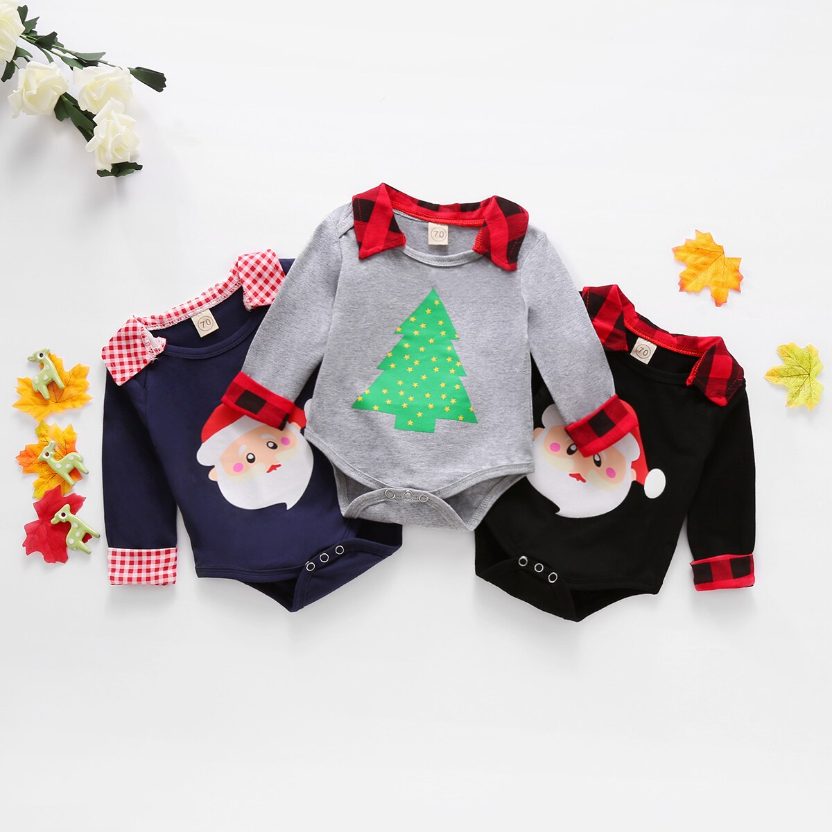 Baby Jongens Bodysuit Boom Santa Print Lange Mouwen Revers Romper Casual Kerst Outfits