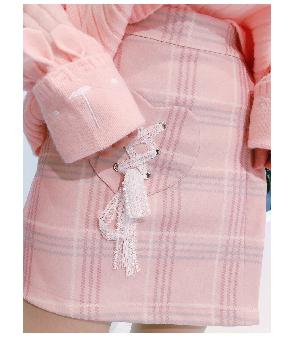 Vrouwen A-lijn Plaid Wollen Lace-Up Plisse Shorts Rok Preppy Stijl Schattige Japanse Herfst Roze Kawaii Hart Pocket Zoete rokken