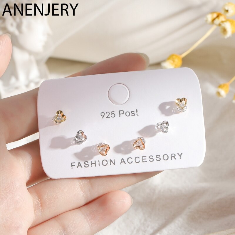 ANENJERY Zarte Kleine 6-stück Ohrringe einstellen Gold Silber Farbe Zirkon Liebe Herz Ohrringe Für Frauen Freund S-E1223