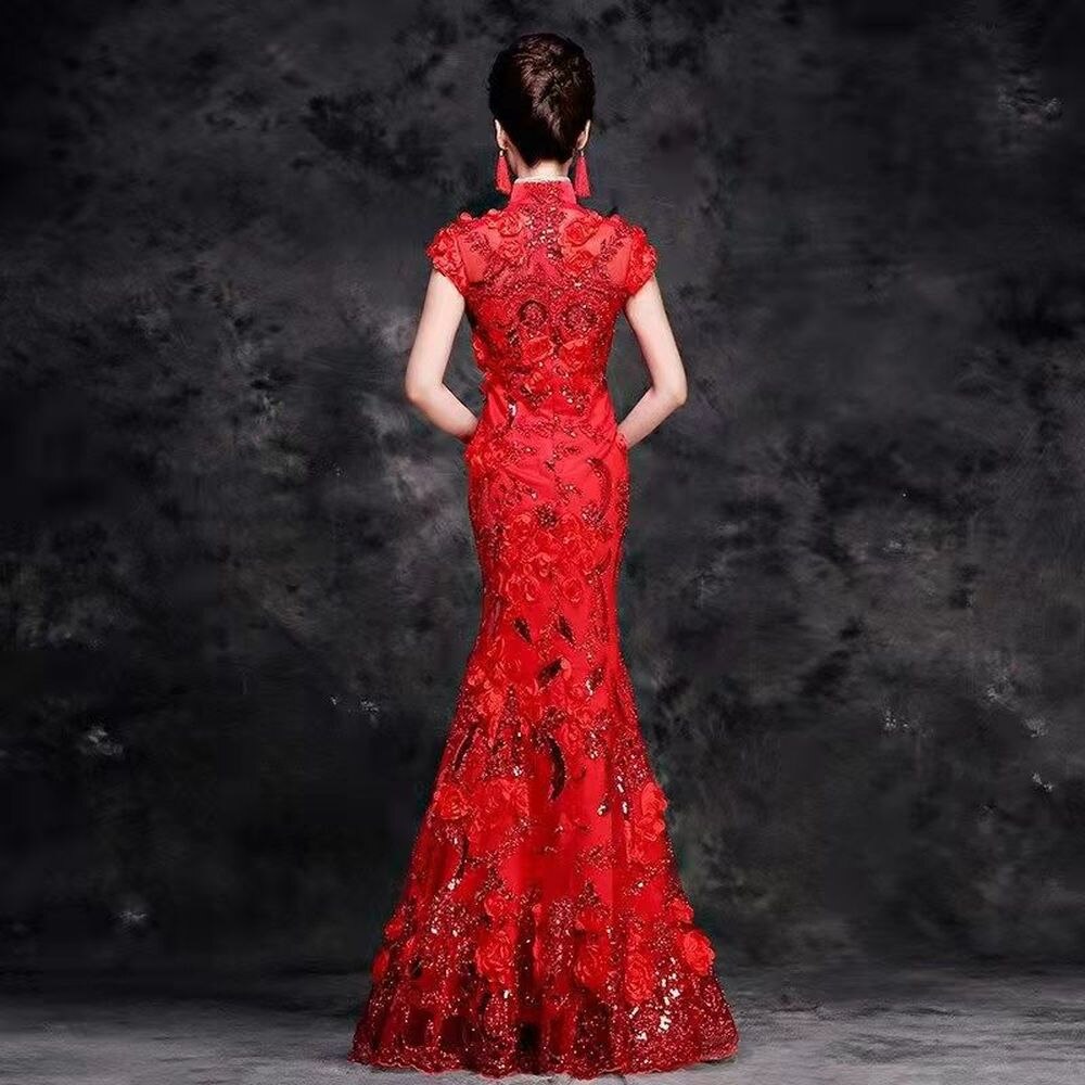 Lace Chinese Red Wedding Dress Sexy Queen Oriental Party Female Cheongsam Stage Show Qipao Celebrity Banquet Dresses