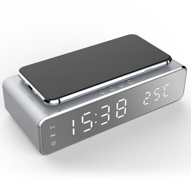 Electric LED Digital Alarm Clock With Phone Charger Wireless Desktop Thermometer Clock Alarm Mirror Table Clock With Time Memory: Silver