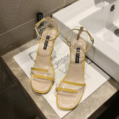 Damesschoenen wilde avondschoenen kristal transparante hoge hakken woord gesp sandalen vrouwelijke feeën stijl zachte schoenen: Blauw / 35