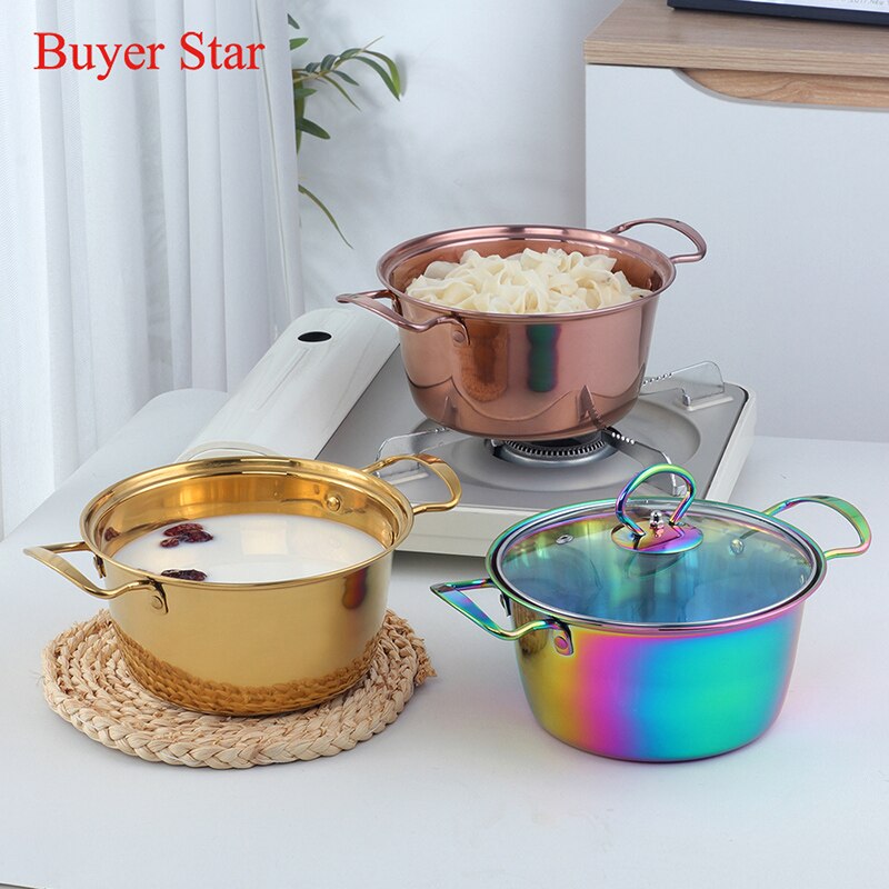 Marmite à soupe dorée de 18cm en acier inoxydable, avec couvercle, Pot en métal, outils de cuisine, ustensiles de cuisine ménagers pour cuisinière à Induction