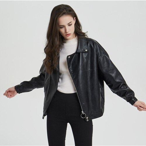 Long Sleeve Zip-up Jacket Female Autumn Leather Jacket Oversized Faux Leather Woman Coat