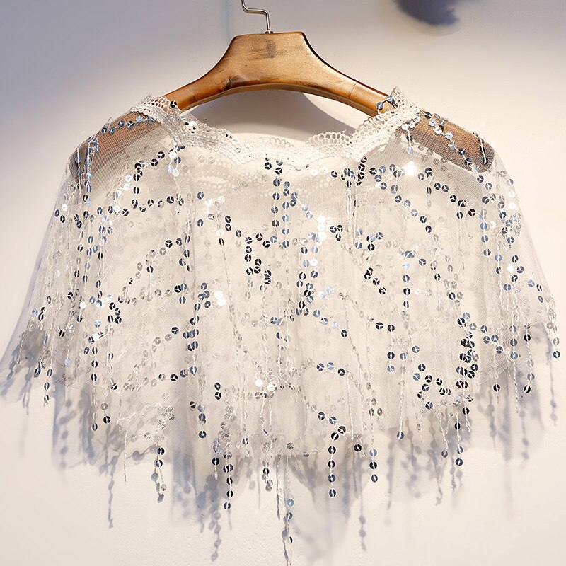 Coprispalle in maglia di pizzo con paillettes fatte a mano sottili tutto'uncinetto per bolero da donna bolero da sposa bolero superiore coperchio su breve mantello avvolge: Default Title