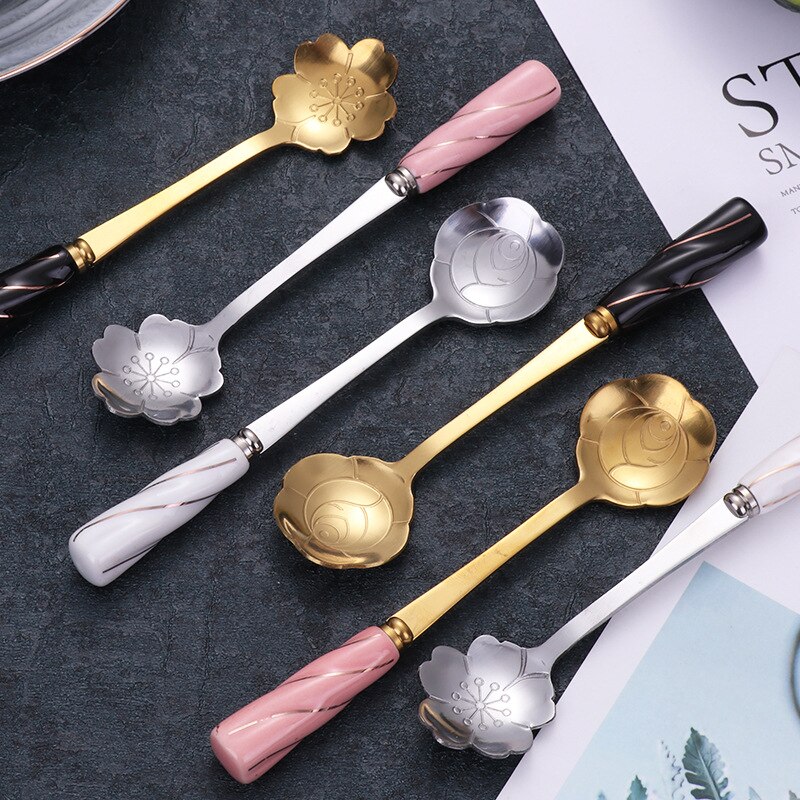 Ceramic Handle Tea Coffee Mixing Spoon Flowers Spoon Dessert Stainless Steel Teaspoons Drink Tableware