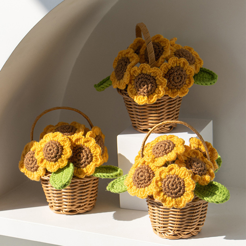 Stickade solrosor kruka konstgjorda blommor färdiga handvävda växter för kontor skrivbordsdekoration mini bröllopsprydnad