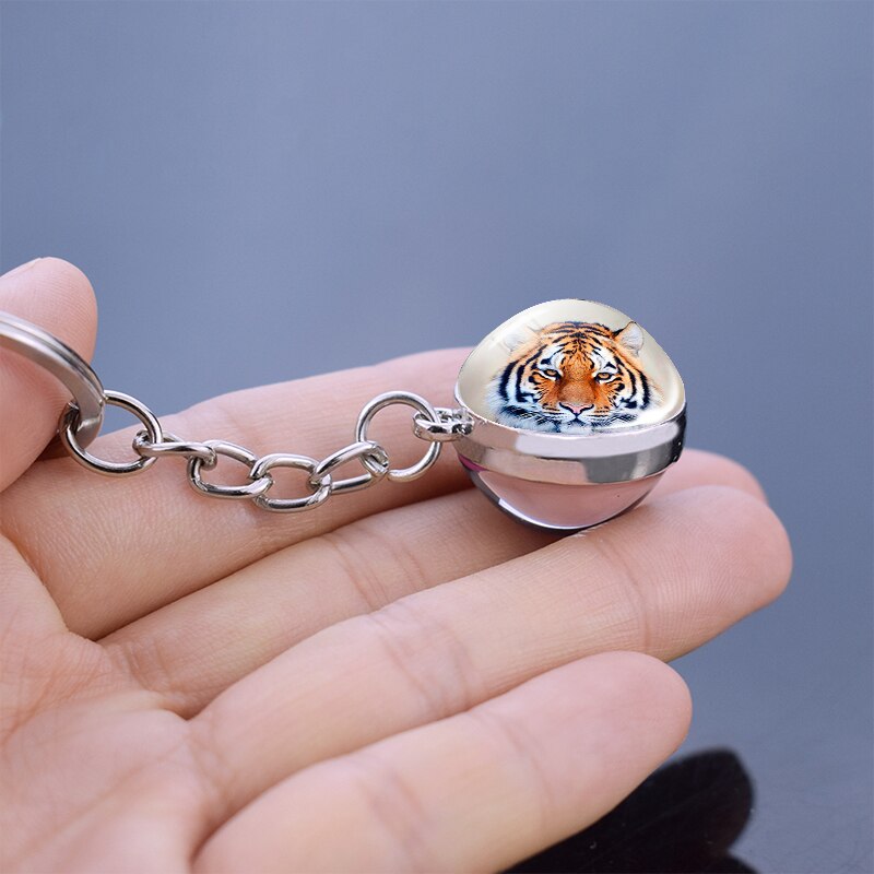 Tiger Keychain Animal Tiger Head Picture Glass Ball Key Chain Ring Keyfob Tiger Jewelry Valentine's