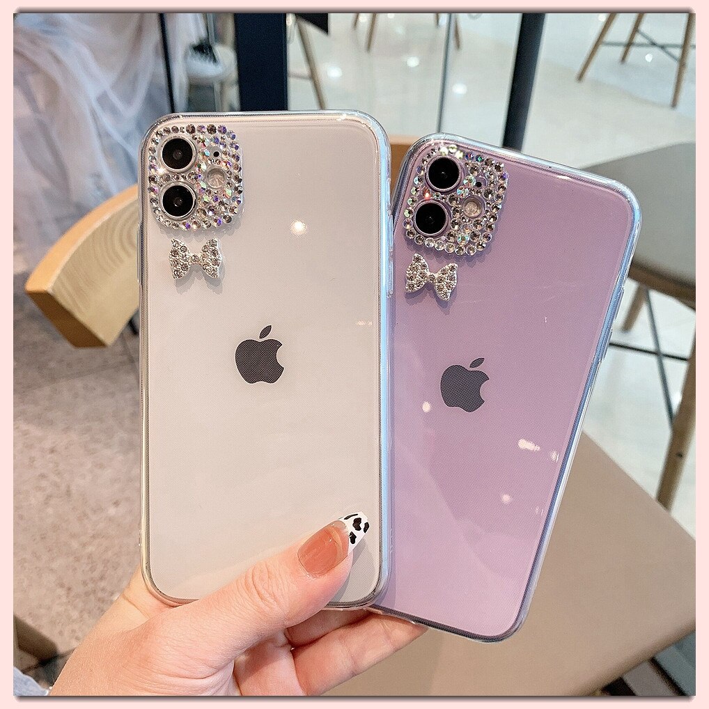 Coque de Protection transparente en TPU pour iPhone, compatible modèles 11, 12 Pro Max, X, XR, XS, 7, 8 Plus, 12 Mini coque avec caméra diamant et papillon