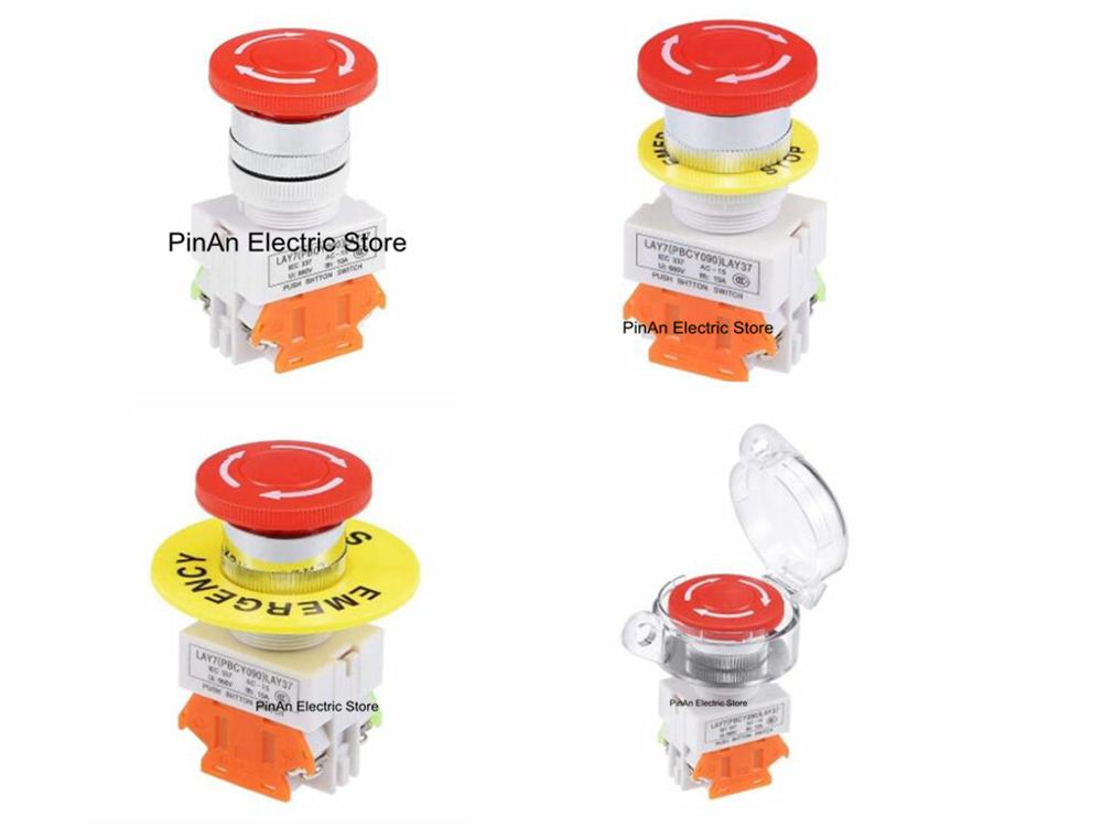22mm Mushroom Latching Emergency Stop Push Button Switch Red With Waterproof Cover 1NO 1NC