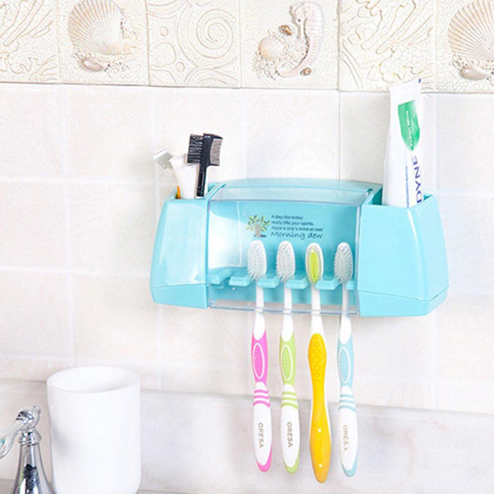 1 sæt vægbeslag tandbørste opbevaringsstativ automatisk tandpasta dispenser tandbørsteholder arrangør badeværelse tilbehørssæt: Blå