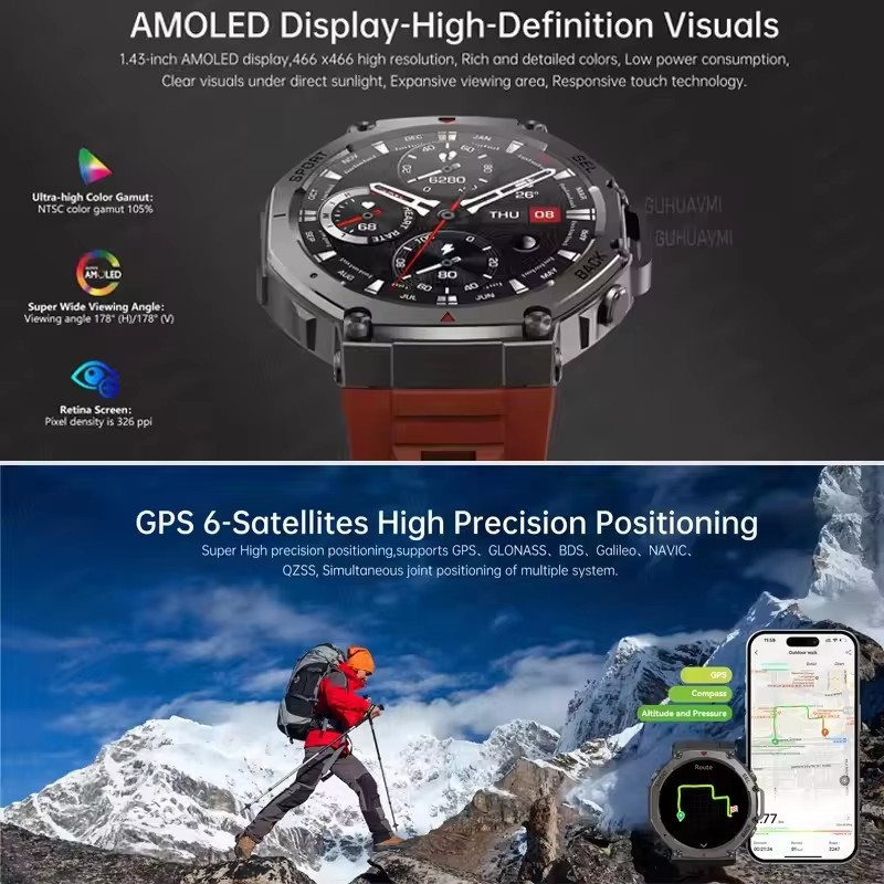 T-Rex 3 Wbudowany Dwuzakresowy GPS Wojskowy Smartwatch Męnarty Kompas Altimetr Barometryczny 10ATM i IP69K Wodoodporny 170+ Sportowy Smartwatch