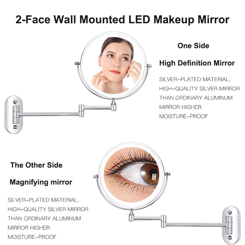 Wall Mounted Bathroom Mirror Led Makeup Mirror 10X Magnification Adjustable Cosmetic Mirror Wall Mirrors Touch Dimming Mirrors