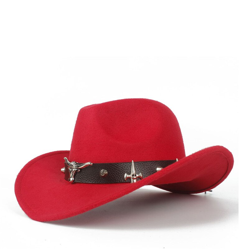 100% Wool Women Men Hollow Western Cowboy Hat With Tauren Belt Winter Outback Jazz Toca Sombrero Cap Size 56-58CM: Red